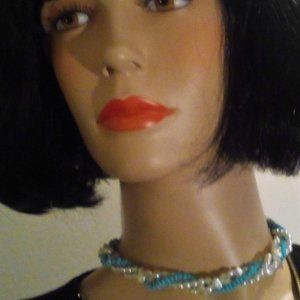 INTER LACED FAUX PEARL & TURQUOISE BLUE BEADS CHOKER